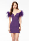Purple ASHLEYlauren 4523 off shoulder scuba cocktail dress featuring a sweetheart neckline, feather details, and signature contour seaming for a flattering and elegant silhouette.