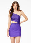 Purple ASHLEYlauren 4533 one shoulder jersey cocktail dress featuring an asymmetrical cut-out side, heat set stone embellishments, and a fitted skirt for a bold and glamorous look.