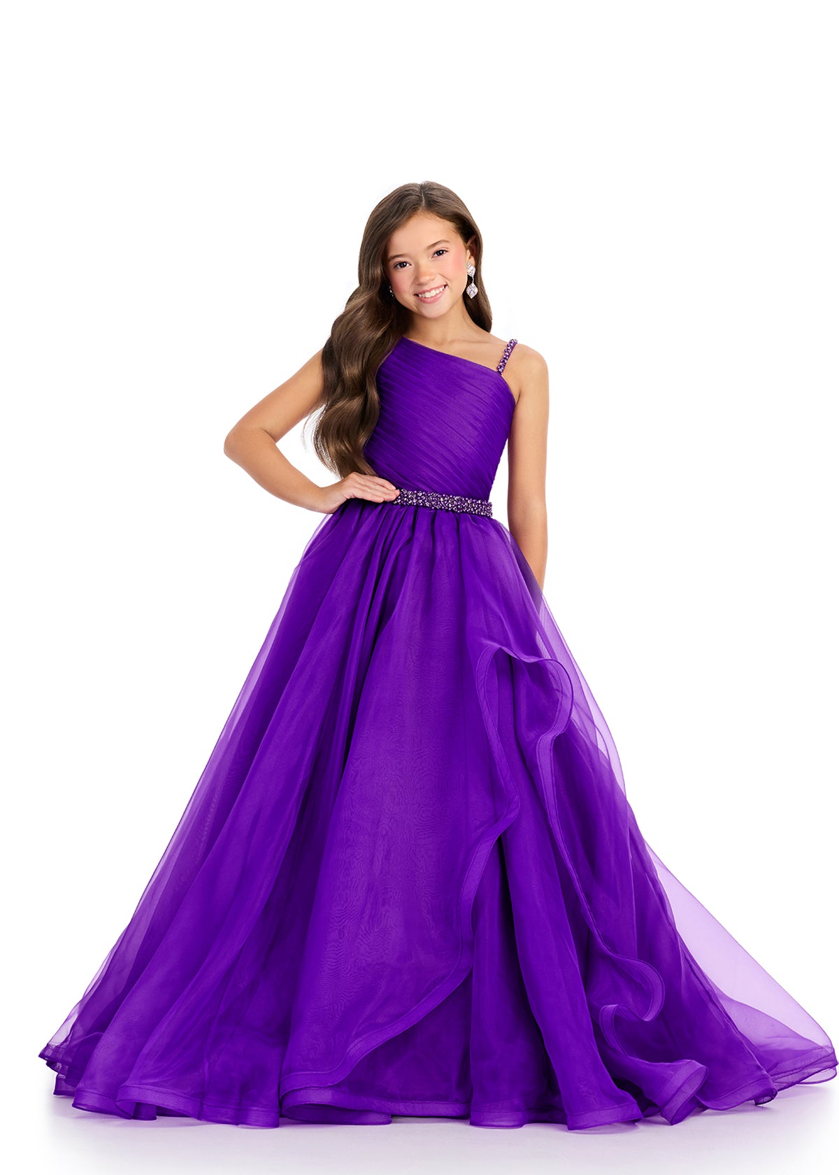 Purple ASHLEYlauren 8310 One-Shoulder Organza Ball Gown with Ruched Bodice, Beaded Waistband, and Sweeping Train
