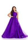 Purple ASHLEYlauren 8310 One-Shoulder Organza Ball Gown with Ruched Bodice, Beaded Waistband, and Sweeping Train