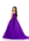 Back - Purple ASHLEYlauren 8310 One-Shoulder Organza Ball Gown with Ruched Bodice, Beaded Waistband, and Sweeping Train
