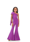 Purple ASHLEYlauren Kids 8155 stylish one shoulder scuba jumpsuit featuring a statement bow with long tails on the shoulder and flare bell-bottom pants for a fun and fabulous look.