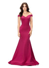 Raspberry ASHLEYlauren 11025 off shoulder scuba gown featuring a sweetheart neckline, signature crisscross strappy back, fitted silhouette, and a sweep train for an elegant and sophisticated look.