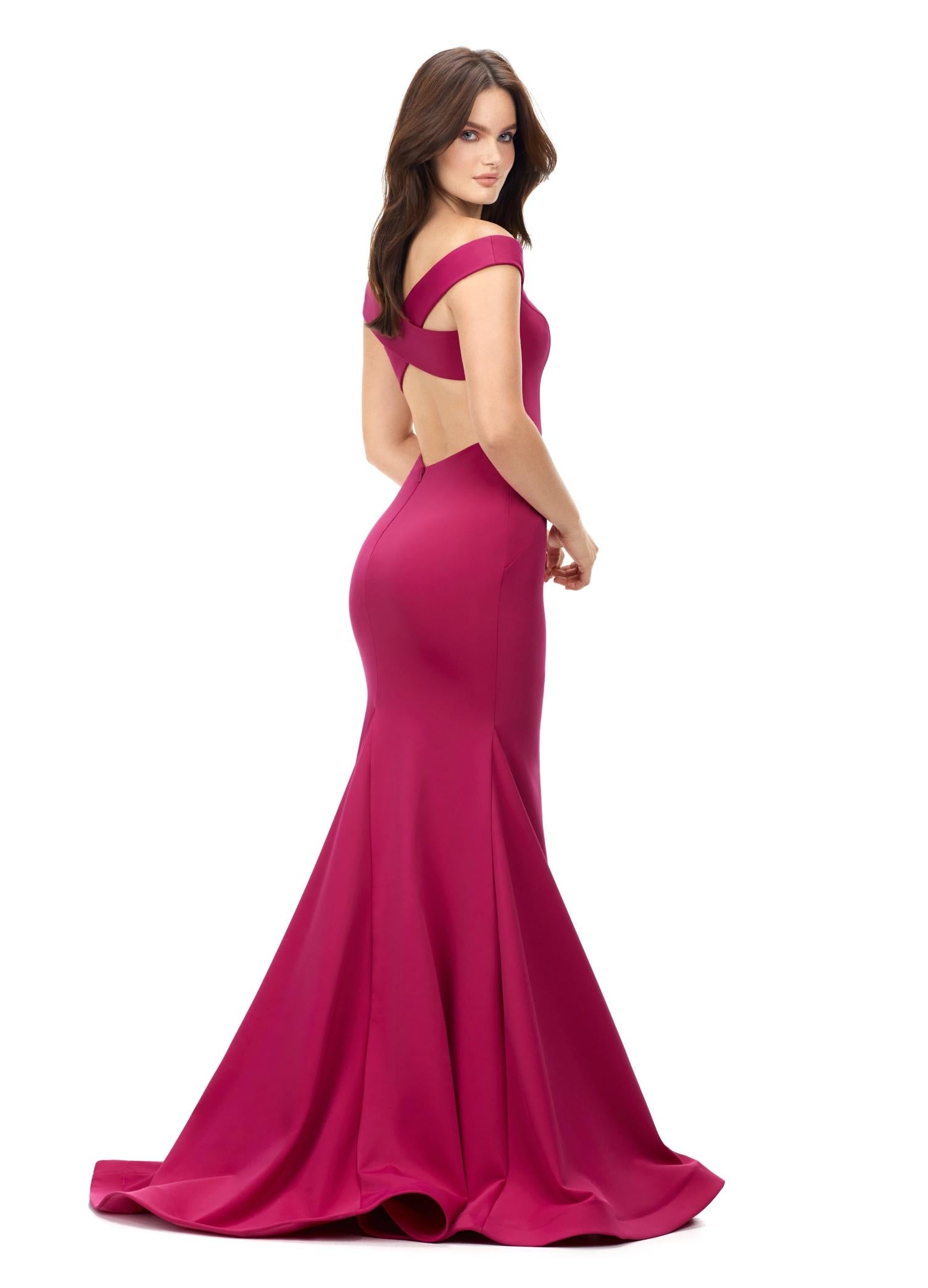 Raspberry ASHLEYlauren 11025 off shoulder scuba gown featuring a sweetheart neckline, signature crisscross strappy back, fitted silhouette, and a sweep train for an elegant and sophisticated look.Back