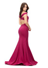 Raspberry ASHLEYlauren 11025 off shoulder scuba gown featuring a sweetheart neckline, signature crisscross strappy back, fitted silhouette, and a sweep train for an elegant and sophisticated look.Back