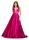 Raspberry ASHLEYlauren 11250 elegant satin ball gown featuring an illusion V-neckline, strapless design, full A-line skirt with pockets, and a sweeping train for a timeless and sophisticated look.