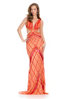 Red/Coral ASHLEYlauren 11825 Fully Beaded Gown with Plunging V-Neckline, Side Cut-Outs, Lace-Up Back, and Organza Detailing