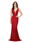 Red ASHLEYlauren 11081 Hand Beaded Gown with Deep V-Neckline, V-Back, and Illusion Cut Outs