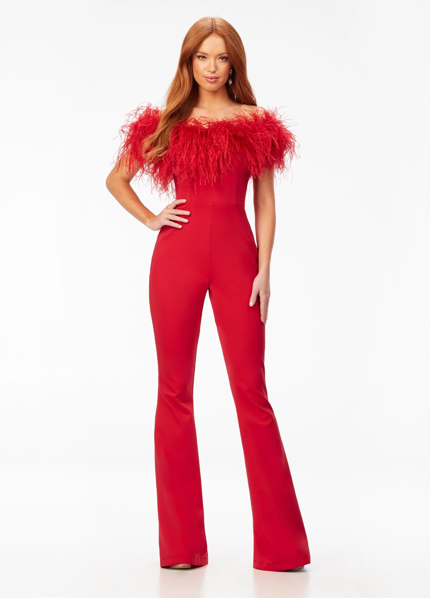 ASHLEYlauren 11100 – A flirty off-shoulder scuba jumpsuit featuring feather details along the neckline and flare pant legs. Perfect for making a stylish statement at your next event.
