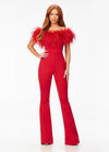 ASHLEYlauren 11100 – A flirty off-shoulder scuba jumpsuit featuring feather details along the neckline and flare pant legs. Perfect for making a stylish statement at your next event.