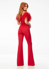Back - ASHLEYlauren 11100 – A flirty off-shoulder scuba jumpsuit featuring feather details along the neckline and flare pant legs. Perfect for making a stylish statement at your next event.