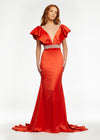 Red ASHLEYlauren 11130 elegant satin gown featuring a V-neckline, V-back, draped ruffle shoulder detail, intricately beaded waistline, and a sweeping train for a sophisticated and glamorous look.