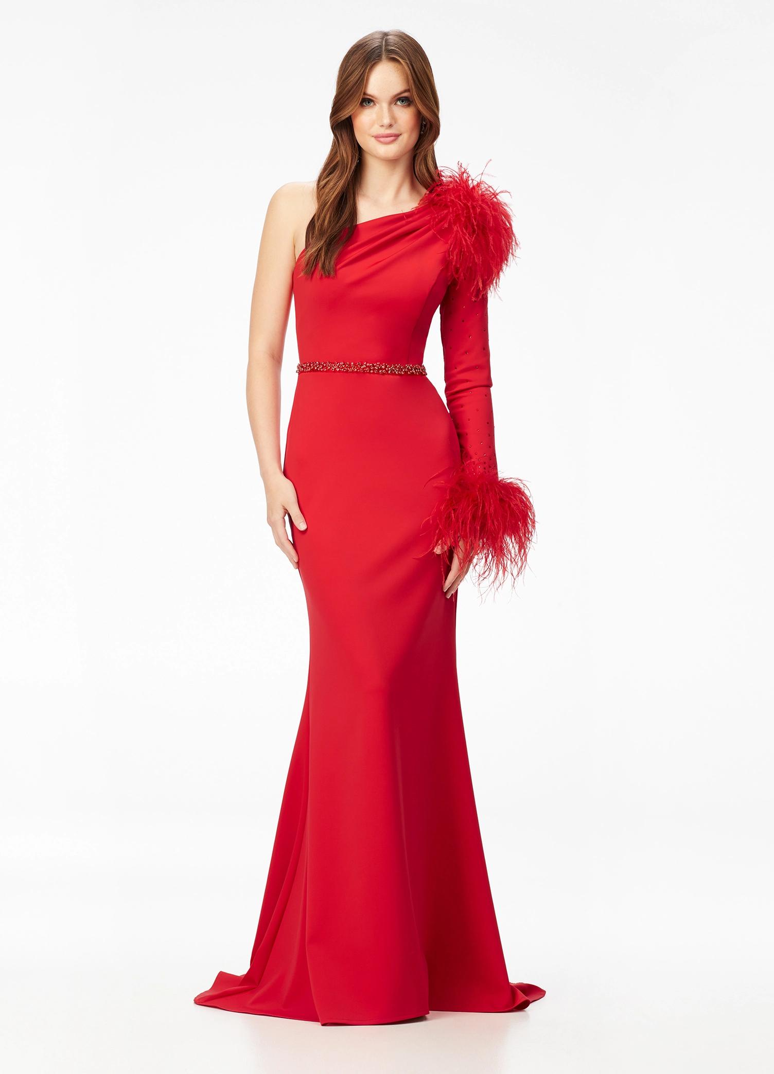 Red ASHLEYlauren 11131 One-Shoulder Scuba Gown with Feather Details, Heat-Set Stones, Crystal Belt, and Elegant Train