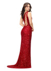 Back - Red ASHLEYlauren 11144 – A dazzling one-shoulder sequin gown featuring an asymmetrical lace-up back, left leg slit, and fully hand-beaded design. Perfect for making a statement and turning heads at any event.