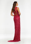 Back - Red ASHLEYlauren 11144 – A dazzling one-shoulder sequin gown featuring an asymmetrical lace-up back, left leg slit, and fully hand-beaded design. Perfect for making a statement and turning heads at any event.