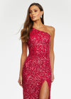 Close Up - RedASHLEYlauren 11144 – A dazzling one-shoulder sequin gown featuring an asymmetrical lace-up back, left leg slit, and fully hand-beaded design. Perfect for making a statement and turning heads at any event.