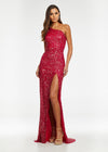 Red ASHLEYlauren 11144 – A dazzling one-shoulder sequin gown featuring an asymmetrical lace-up back, left leg slit, and fully hand-beaded design. Perfect for making a statement and turning heads at any event.