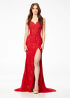 Red ASHLEYlauren 11145 Lace Gown with Spaghetti Straps, Lace Applique, Heat Press Stones, Lace-Up Back, and Left Leg Slit