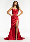 Red ASHLEYlauren 11162 Elegant Gown with Spaghetti Straps, Draped Bodice, Ruching, Left Leg Slit, and Lace-Up Back