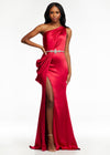Red ASHLEYlauren 11164 One-Shoulder Satin Gown with Ruched Bustier, Crystal Belt Waistline, Draped Side Detail, Wrap Skirt, and Open Back