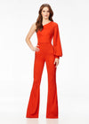 Red ASHLEYlauren 11168 One-Shoulder Crepe Jumpsuit with Statement Balloon Sleeve, Flared Pant Legs, and Exposed Zipper