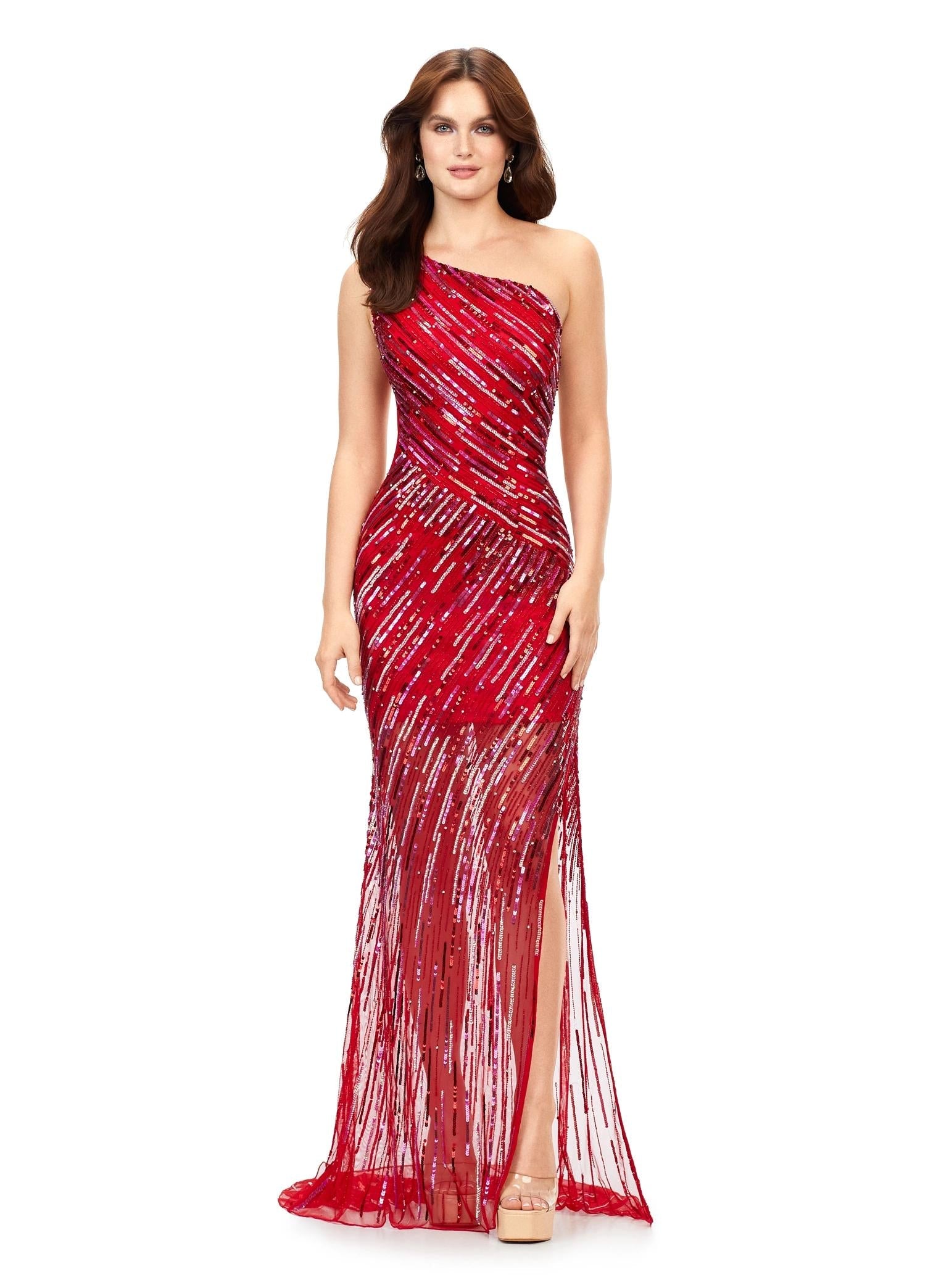 Red ASHLEYlauren 11207 One-Shoulder Sequin Gown with Asymmetrical Wrap Bead Pattern, Illusion Cut-Out, Slit, and Sweep Train
