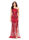 Red ASHLEYlauren 11207 One-Shoulder Sequin Gown with Asymmetrical Wrap Bead Pattern, Illusion Cut-Out, Slit, and Sweep Train