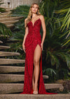 Red ASHLEYlauren 11236 strapless gown featuring a sweetheart neckline, modern floral sequin motif cascading down the bustier and skirt, and a left leg slit for a glamorous and head-turning look.