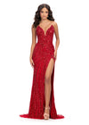 Red ASHLEYlauren 11236 strapless gown featuring a sweetheart neckline, modern floral sequin motif cascading down the bustier and skirt, and a left leg slit for a glamorous and head-turning look.