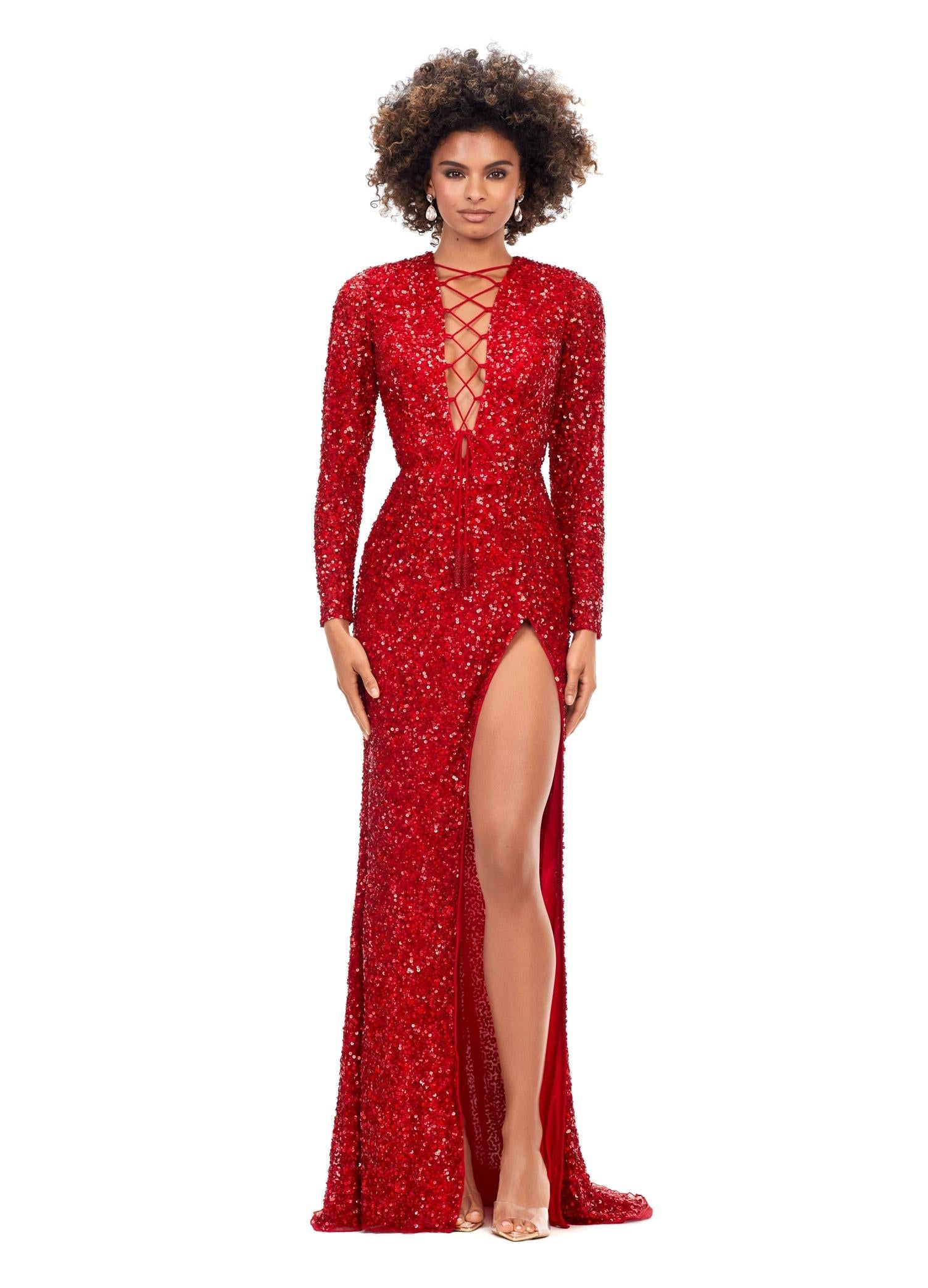 Red ASHLEYlauren 11241 Fully Sequin Fitted Gown with Lace-Up Bustier, Long Sleeves, and Left Leg Slit