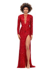 Red ASHLEYlauren 11241 Fully Sequin Fitted Gown with Lace-Up Bustier, Long Sleeves, and Left Leg Slit