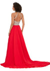 Back - Red ASHLEYlauren 11248 – A stunning chiffon A-line gown featuring a beaded halter top with crystal details, an illusion cut-out, and a high left leg slit. Perfect for shining bright and making a statement at any special event.