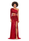 Red ASHLEYlauren 11261 fully hand-beaded one shoulder gown featuring a shark bite cut out at the waist, left leg slit, and intricately placed bead pattern to accentuate curves, complete with scattered fringe along the shoulder and waistline for a bold and glamorous look.