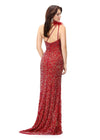 Back - Red ASHLEYlauren 11277 one shoulder gown featuring intricate sequin and crystal beading, feather-accented neckline, left leg slit, and strappy open back.