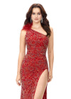 Close Up - Red ASHLEYlauren 11277 one shoulder gown featuring intricate sequin and crystal beading, feather-accented neckline, left leg slit, and strappy open back.
