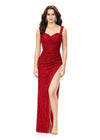 Red ASHLEYlauren 11278 hand-beaded gown featuring a sweetheart neckline, shoulder straps, ruched detailing throughout the bodice and skirt, and a left leg slit for a modern, old Hollywood glam look.