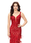 Close Up - Red ASHLEYlauren 11279 fitted gown featuring a deep illusion V-neckline, fully hand-beaded design, and feather accents throughout the skirt.
