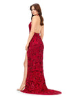 Back - Red ASHLEYlauren 11283 halter gown featuring a V-neckline, open back, intricate beading throughout, and a left leg slit.