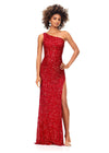 Red ASHLEYlauren 11285 One Shoulder Sequin Gown with Adjustable Straps, Keyhole Back Cut Out, Fully Hand Beaded Design, and Left Leg Slit