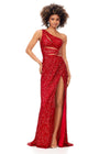 Red ASHLEYlauren 11288 stunning one shoulder fully hand-beaded gown featuring modern cut outs, criss cross waist straps, a left leg slit, and a sweep train for a bold and statement-making entrance.