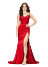 Red ASHLEYlauren 11298 satin gown featuring a modified sweetheart neckline with crystal trim, ruched bodice, wrap skirt with left leg slit, and lace-up back.