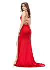 Back - Red ASHLEYlauren 11298 satin gown featuring a modified sweetheart neckline with crystal trim, ruched bodice, wrap skirt with left leg slit, and lace-up back.