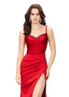Red ASHLEYlauren 11298 satin gown featuring a modified sweetheart neckline with crystal trim, ruched bodice, wrap skirt with left leg slit, and lace-up back.