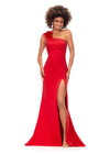 Red ASHLEYlauren 1129 one shoulder scuba gown featuring feather-embellished neckline, heat set stones cascading down the skirt, and a left leg slit for a bold and elegant look.