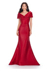 Red ASHLEYlauren 11300 Elegant Off Shoulder Mermaid Gown in Phantom Satin with Pleated Detail, Fitted Silhouette, and Sweep Train