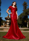Red ASHLEYlauren 11300 Elegant Off Shoulder Mermaid Gown in Phantom Satin with Pleated Detail, Fitted Silhouette, and Sweep Train