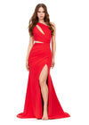 Red ASHLEYlauren 11303 One Shoulder Jersey Gown with Ruched Bodice, Asymmetrical Cut Outs, Fitted Wrap Skirt, and Exposed Metal Zipper Back