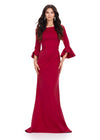 Red ASHLEYlauren 11325 Timeless Evening Gown with Scoop Neckline, Flutter Three Quarter Length Sleeves, Ruched Detailing, and Flowing Sweep Train