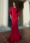 Red ASHLEYlauren 11325 Timeless Evening Gown with Scoop Neckline, Flutter Three Quarter Length Sleeves, Ruched Detailing, and Flowing Sweep Train