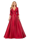 Red ASHLEYlauren 11326 Elegant Phantom Satin Ball Gown with V-Neckline, Wrap Lapel Detail, Buckled Waist Belt, Full Skirt, and Hidden Pockets